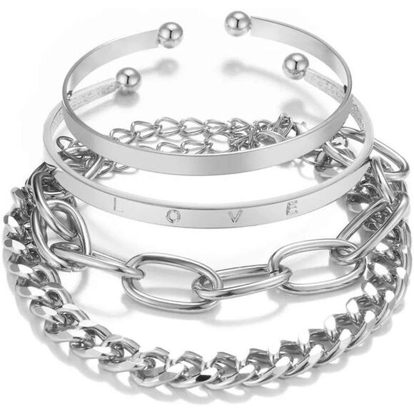 NWT Set of 4 silver chains cuffs stacking bracelets - Picture 1 of 2